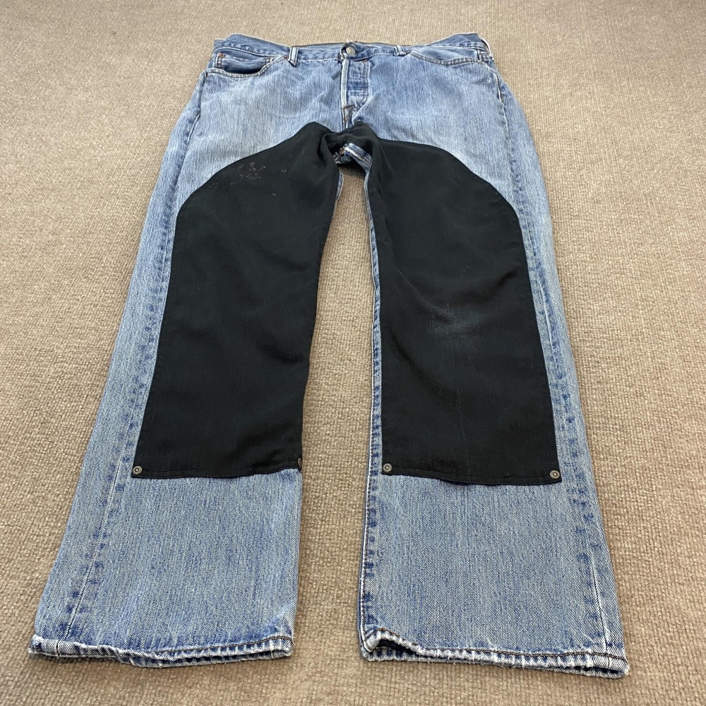 Levis 501 Jeans Mens 36x30 Blue Light Wash Straight Leg Distressed Double Knee